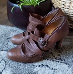 Frye buckled brown leather heels